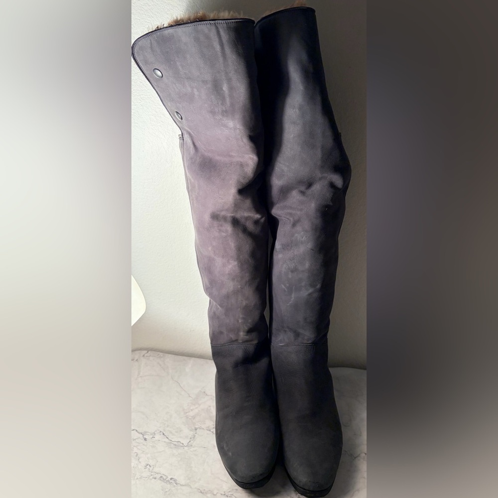 Classic Suede to the knee Boots lined with Rabbit fur soft and warm navy blue